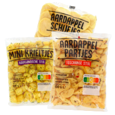 Aardappelschijfjes naturel, aardappelpartjes Toscaanse stijl of minikrieltjes Bourgondische stijl